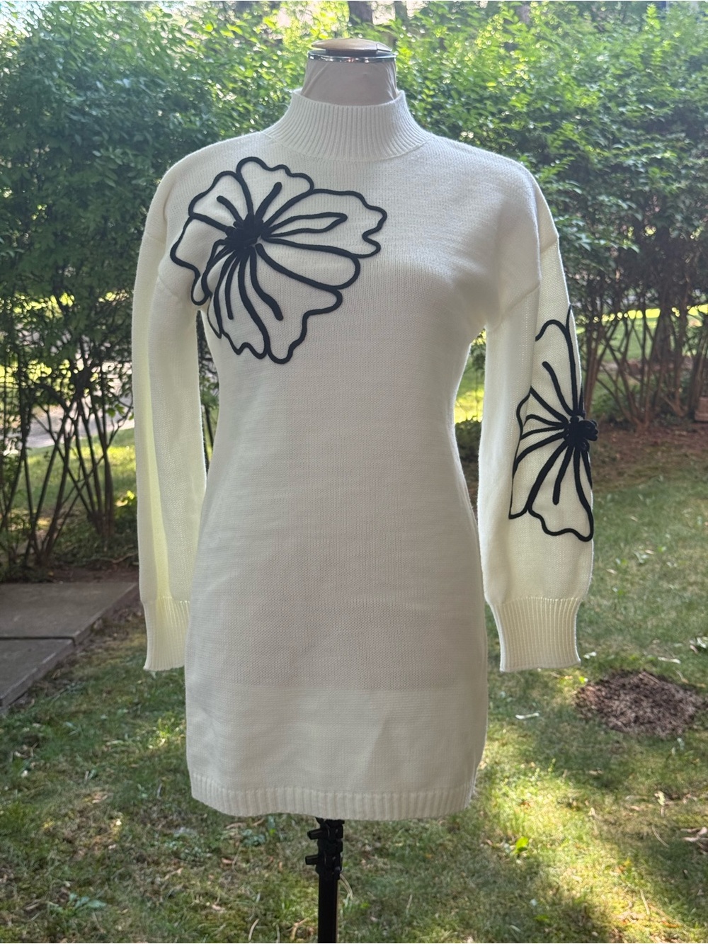 SHEIN Cream Long Sleeve Knit Dress with Black Floral Appliqué